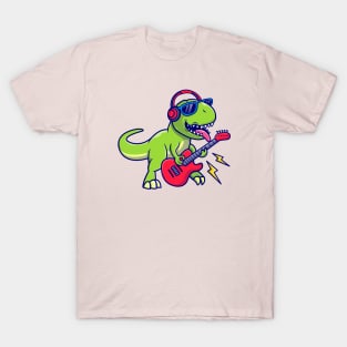 Cute Dinosaur Playing Guitar Music Cartoon T-Shirt